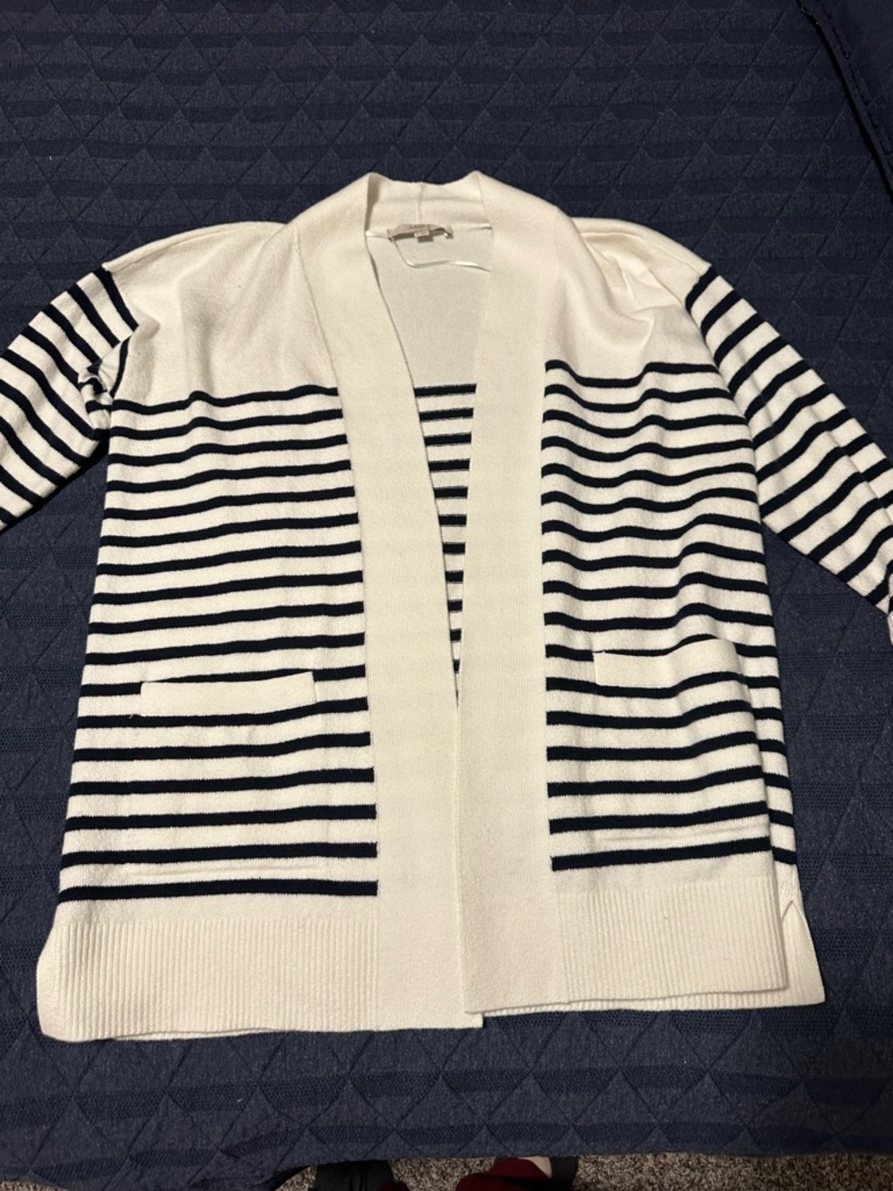 LOFT Cream and Black Striped Open Cardigan